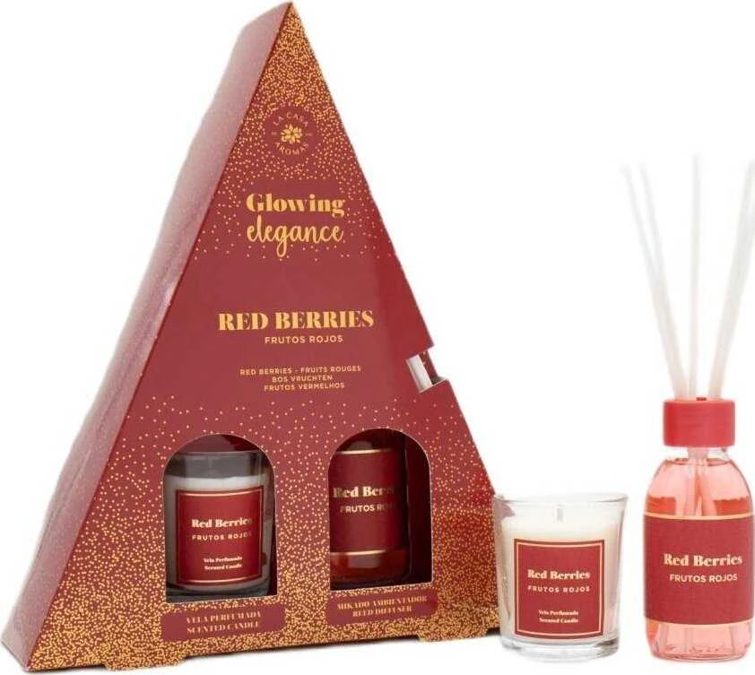 Beliani La Casa de los Aromas Glowing Elegance kvapiųjų lazdelių rinkinys Raudona Owoce 95ml + Raudona Owoce kvapioji žvakė 120g