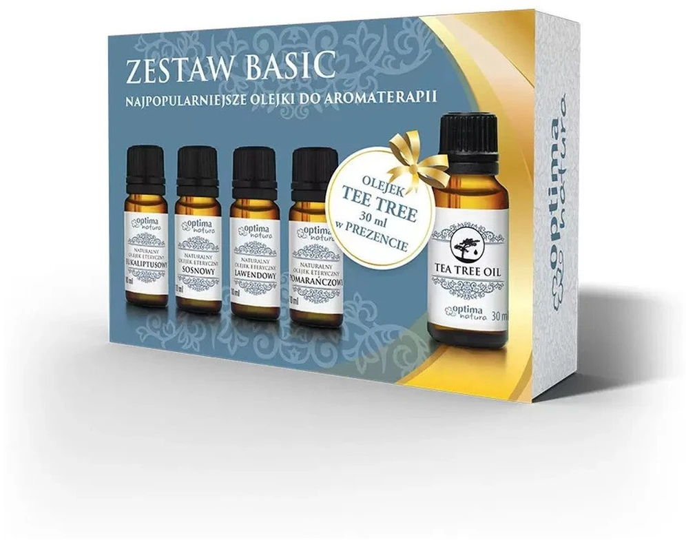Optima Natura Pagrindinis rinkinys Eukalipto eterinis aliejus 10ml + Pušų eterinis aliejus 10ml + Levandų eterinis aliejus 10ml + Apelsinų eterinis aliejus 10ml + Arbatmedžio eterinis aliejus 30ml