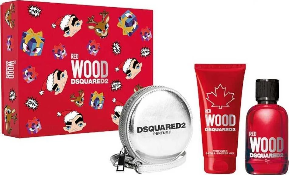 Rinkinys moterims Dsquared2 Red Wood: EDT, 100 ml + dušo želė, 100 ml + piniginė