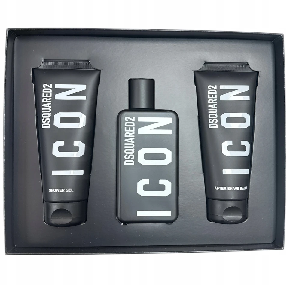 „Dsquared2“ rinkinys „Dsquared 2“: „Icon“ vyriškas kvapusis vanduo, 100 ml + „Icon“ dušo želė visiems odos tipams, 100 ml + „Icon“ drėkinamasis balzamas po skutimosi, 100 ml
