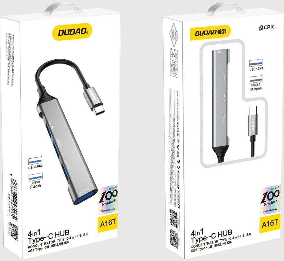 Dudao HUB 4in1 USB-C – 4x USB-A (3 x USB2.0 / USB3.0) 6.3cm juodos spalvos (A16T)