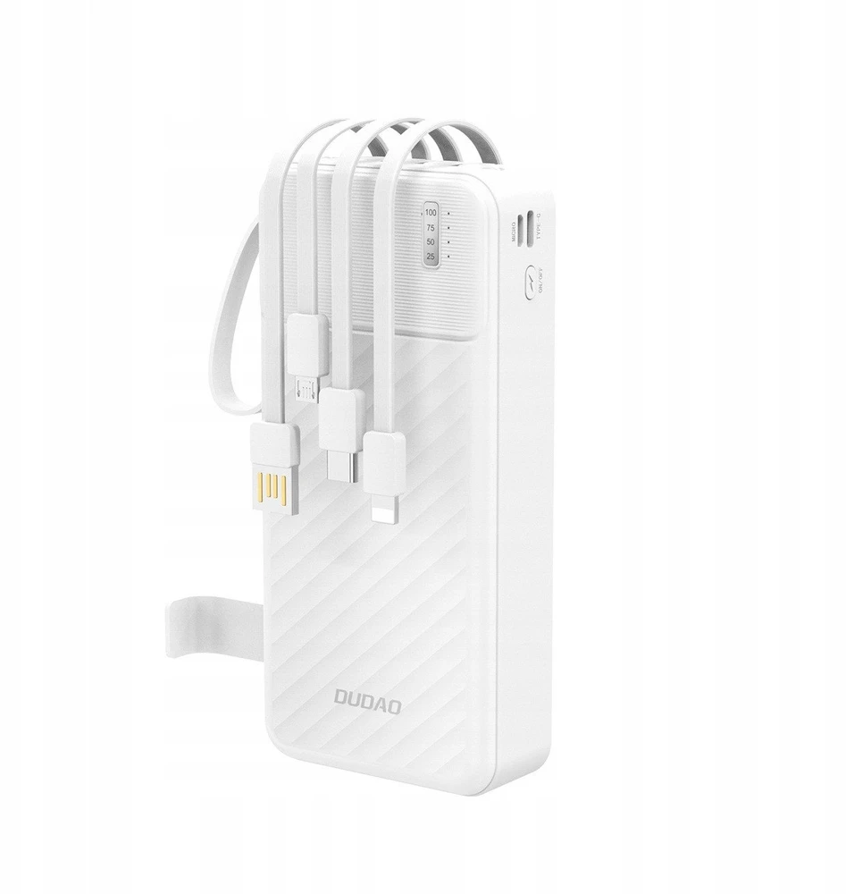 Dudao K11 Pro 20000mAh Powerbank su integruotais kabeliais – baltos spalvos