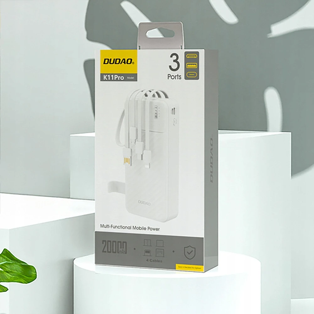 Dudao K11 Pro 20000mAh Powerbank su integruotais kabeliais – baltos spalvos