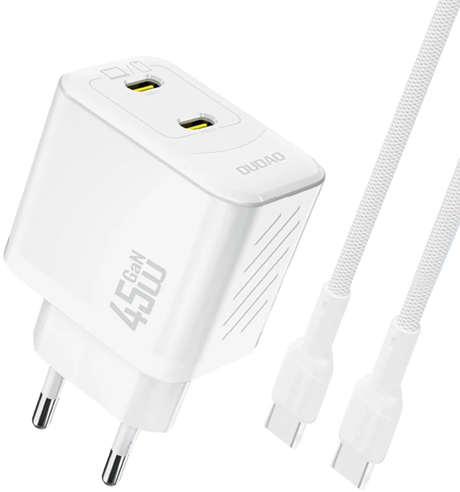 Dudao A28PCEU PD 45W GaN 2xUSB-C sieninis įkroviklis su USB-C laidu – baltas