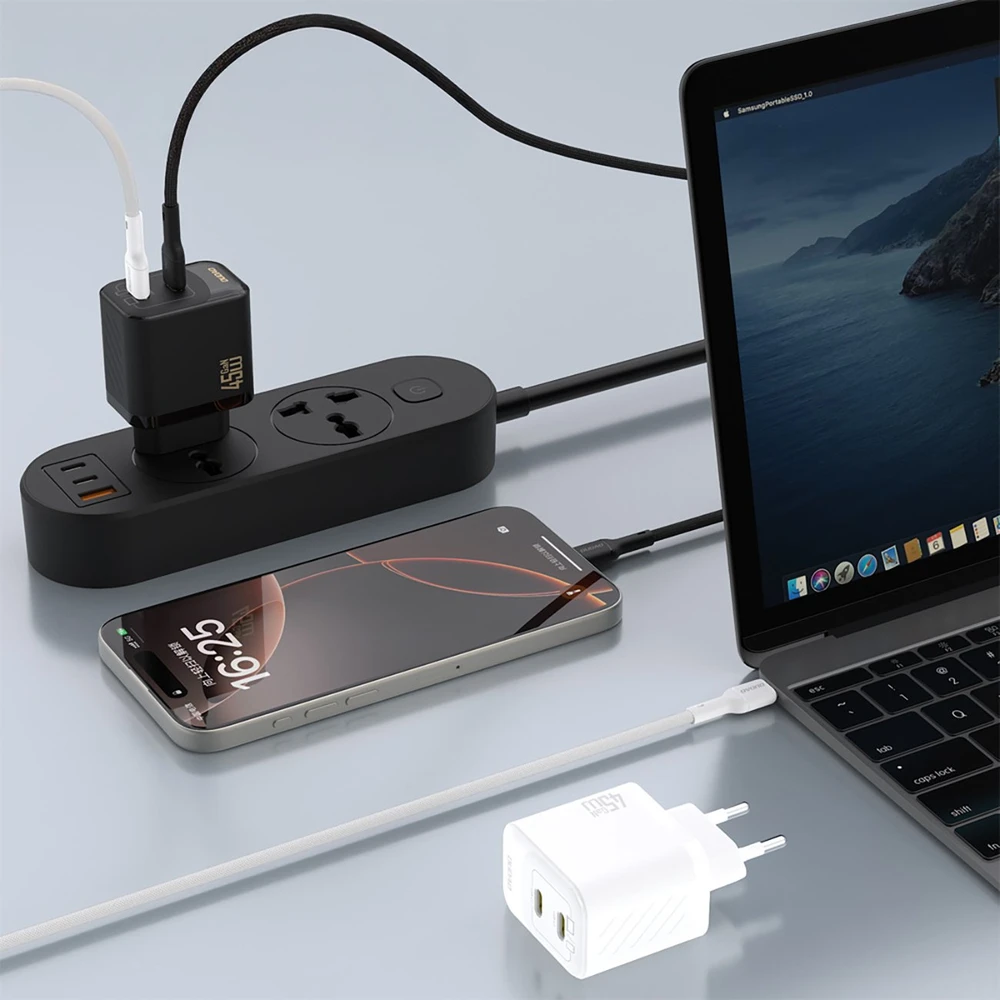 Dudao A28PCEU PD 45W GaN 2xUSB-C sieninis įkroviklis su USB-C laidu - Juodas