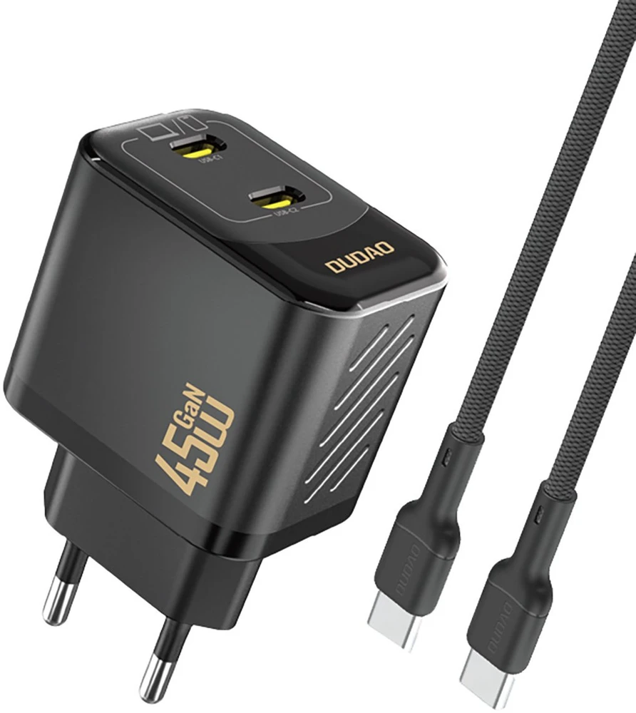 Dudao A28PCEU PD 45W GaN 2xUSB-C sieninis įkroviklis su USB-C laidu - Juodas