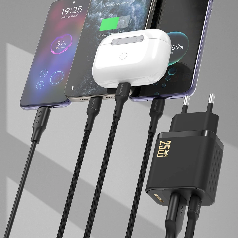 Dudao A26TCEU PD QC 25W GaN USB-A USB-C sieninis įkroviklis su USB-C laidu - Juodas