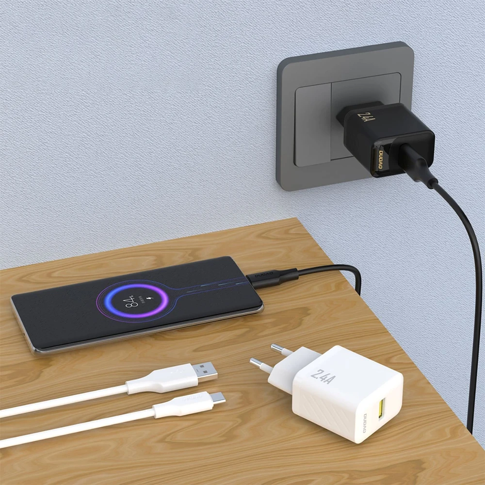 Dudao A23TEU 2.4A GaN USB-A sieninis įkroviklis su USB-A - USB-C laidu - Baltas