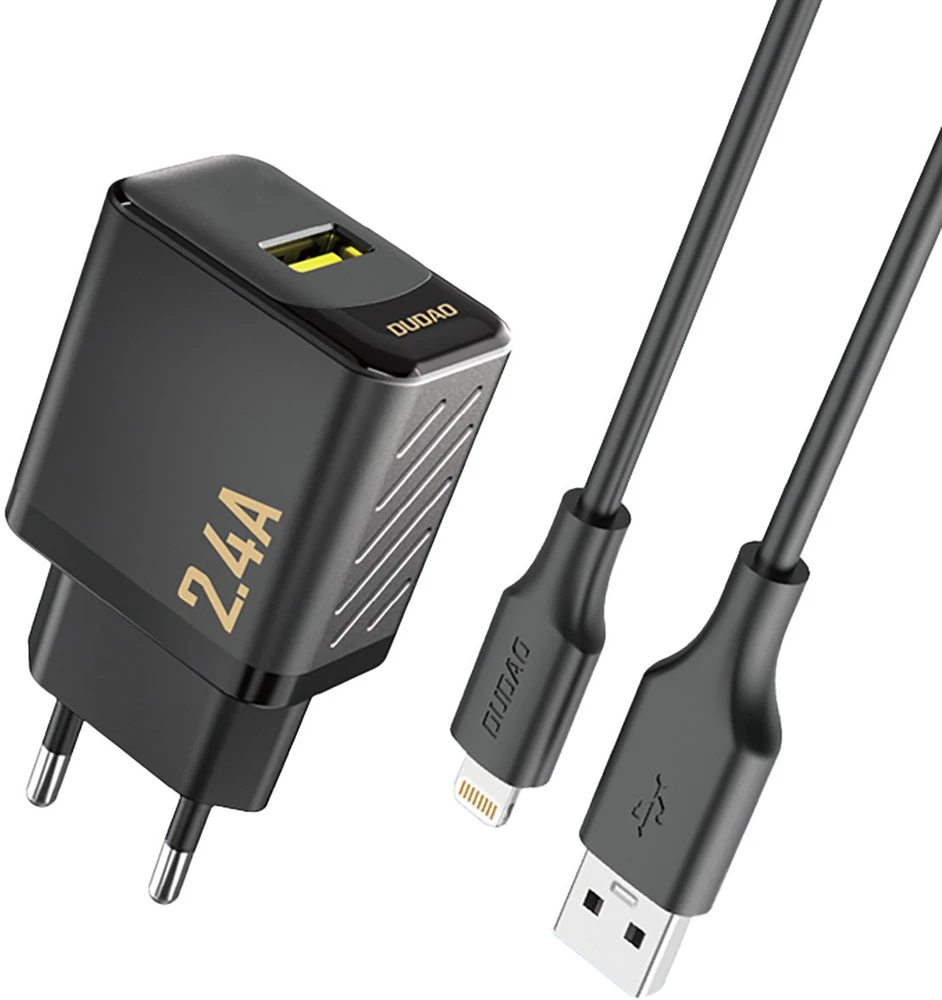 Dudao A23LEU 2.4A GaN EU USB-A sieninis įkroviklis su USB-A į Lightning kabeliu - Juodas