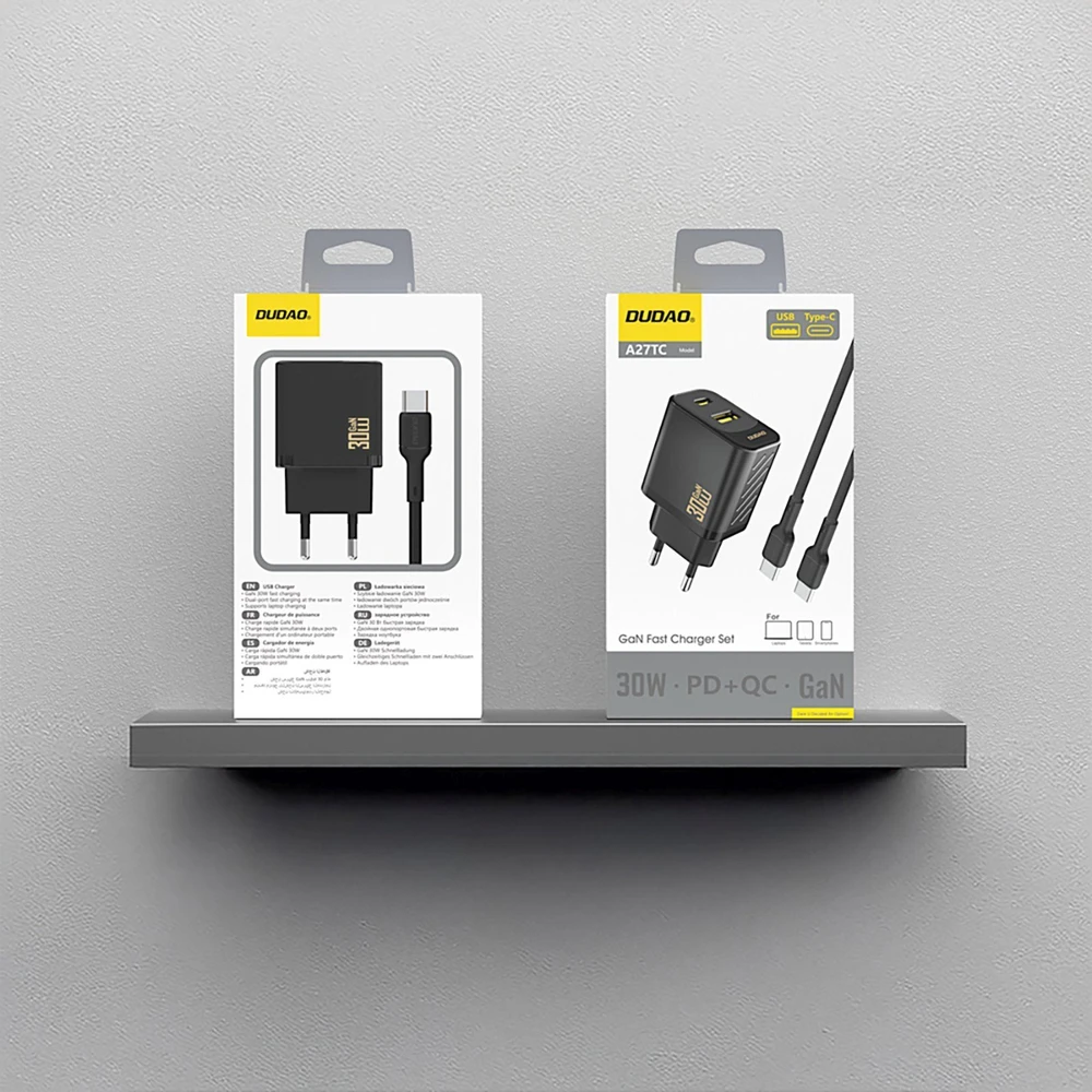 Dudao A27TCEU PD 30W GaN USB-A USB-C sieninis įkroviklis su USB-C laidu - Juodas