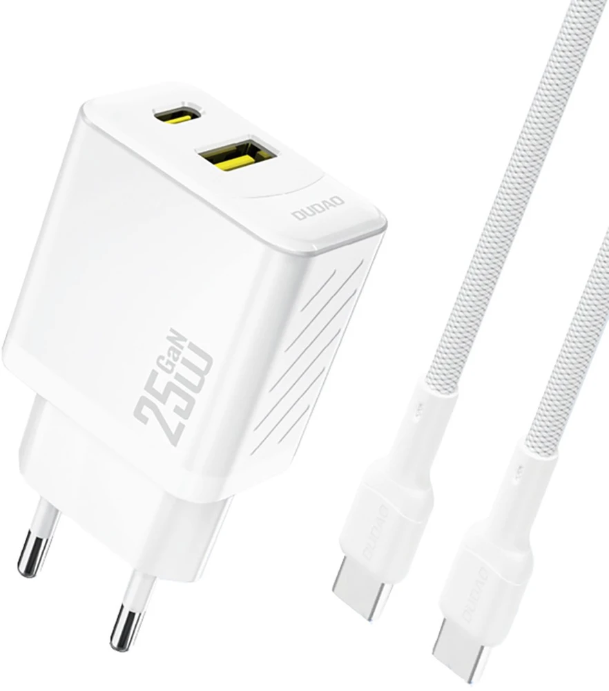 Dudao A26TCEU PD QC 25W GaN USB-A USB-C sieninis įkroviklis su USB-C laidu – baltas