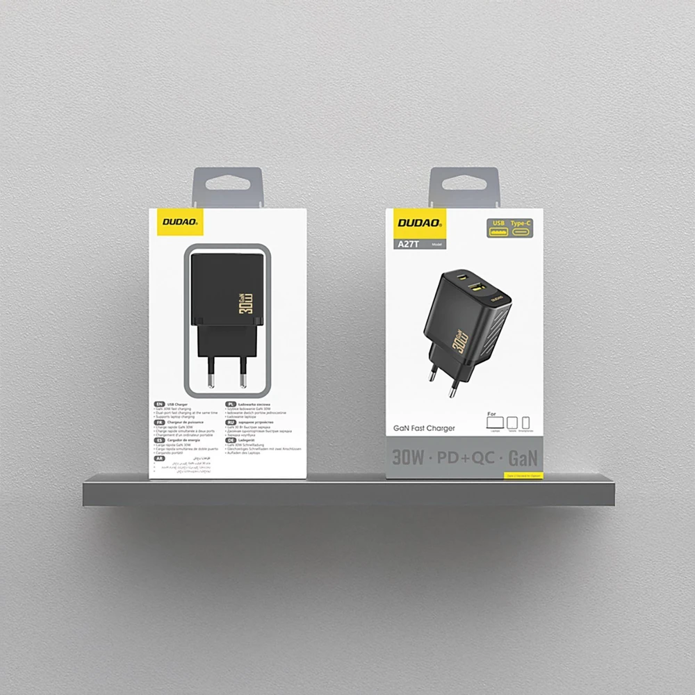 Dudao A27TEU PD 30W GaN USB-A USB-C sieninis įkroviklis - Juodas
