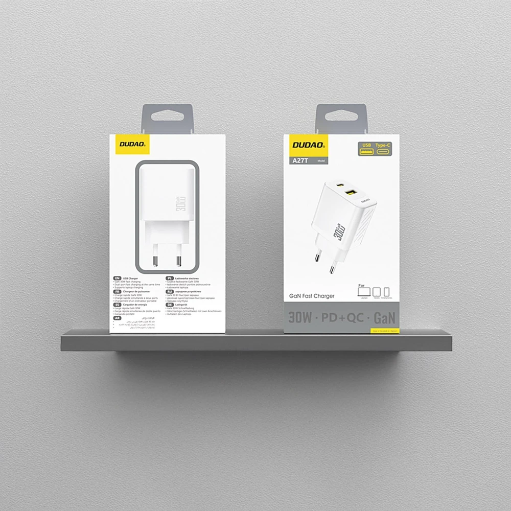 Dudao A27TEU PD 30W GaN USB-A USB-C sieninis įkroviklis - Baltas