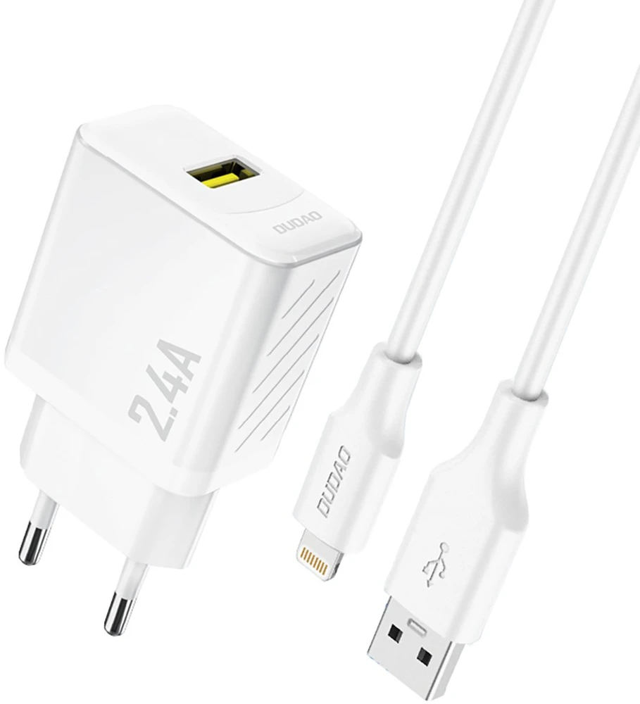 Dudao A23LEU 2.4A GaN EU USB-A sieninis įkroviklis su USB-A į Lightning kabeliu - Baltas