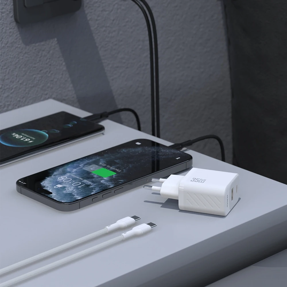 Dudao A27MaxCEU PD QC 35W USB-A USB-C sieninis įkroviklis su USB-C laidu – baltas