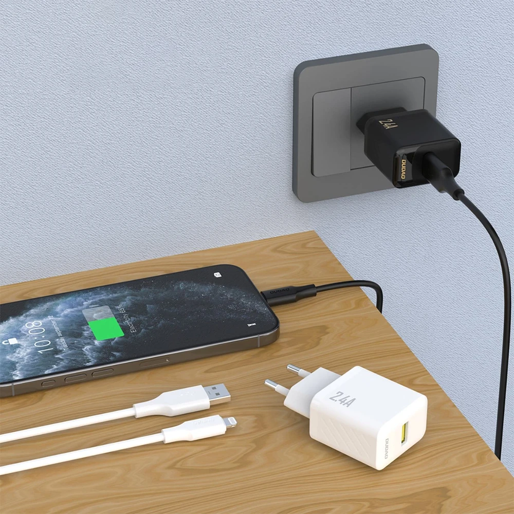 Dudao A23LEU 2.4A GaN EU USB-A sieninis įkroviklis su USB-A į Lightning kabeliu - Juodas