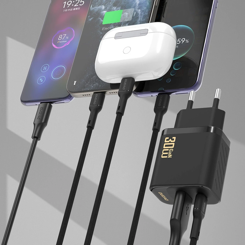 Dudao A27TCEU PD 30W GaN USB-A USB-C sieninis įkroviklis su USB-C laidu - Juodas