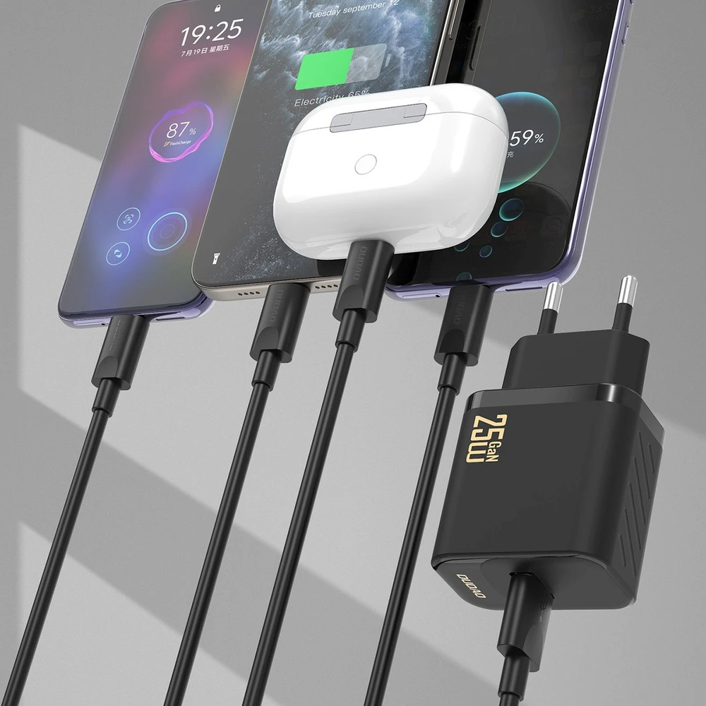 Dudao A27STEU 25W GaN USB-A sieninis įkroviklis su USB-A - USB-C laidu - Baltas