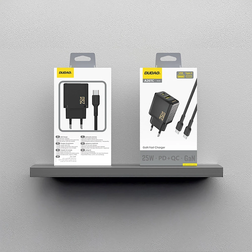 Dudao A26TCEU PD QC 25W GaN USB-A USB-C sieninis įkroviklis su USB-C laidu - Juodas