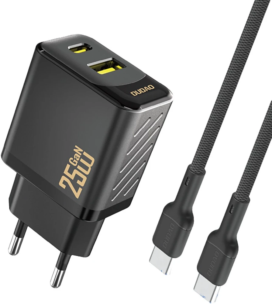 Dudao A26TCEU PD QC 25W GaN USB-A USB-C sieninis įkroviklis su USB-C laidu - Juodas