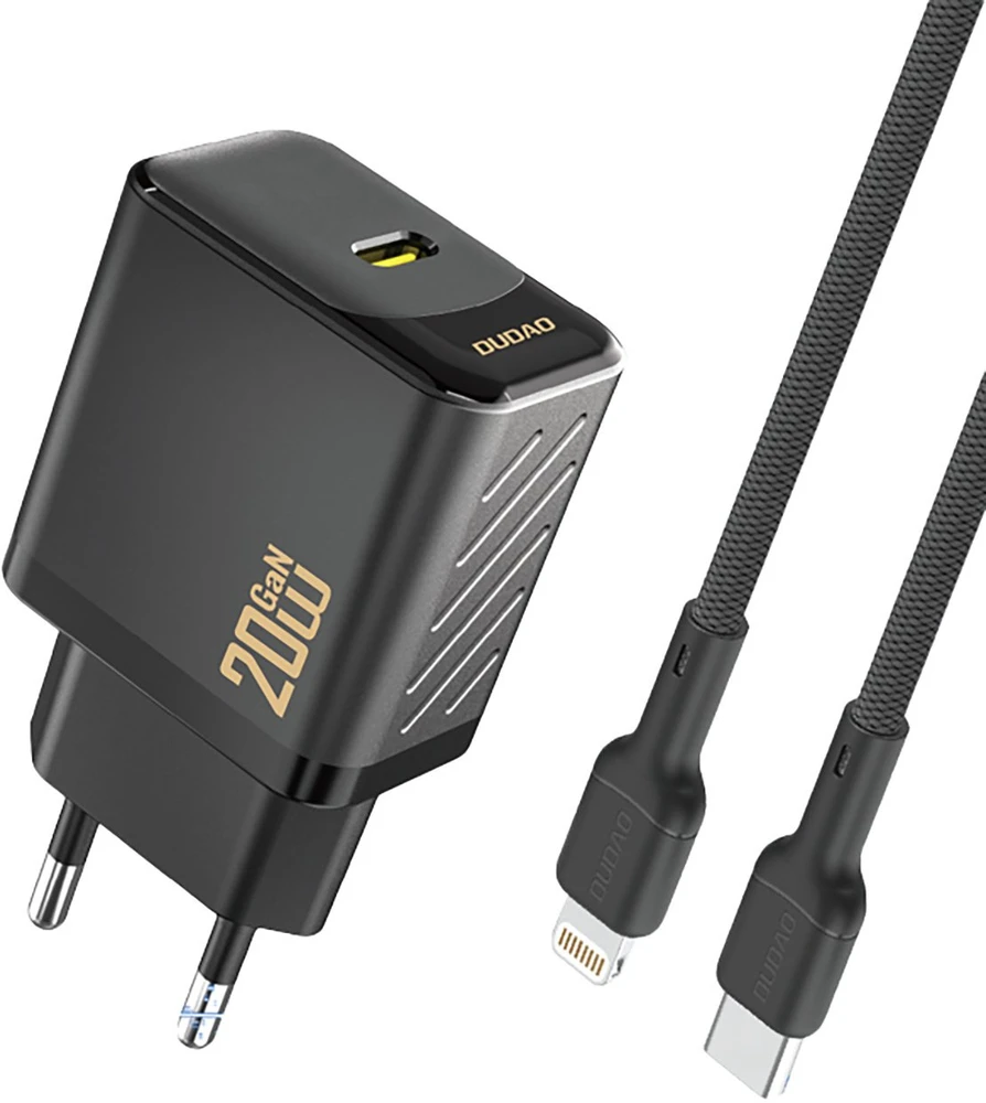 Dudao A26LEU PD 20W GaN USB-C sieninis įkroviklis su USB-C–Lightning laidu - Juodas