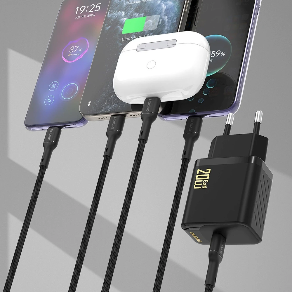 Dudao A26LEU PD 20W GaN USB-C sieninis įkroviklis su USB-C–Lightning laidu - Juodas