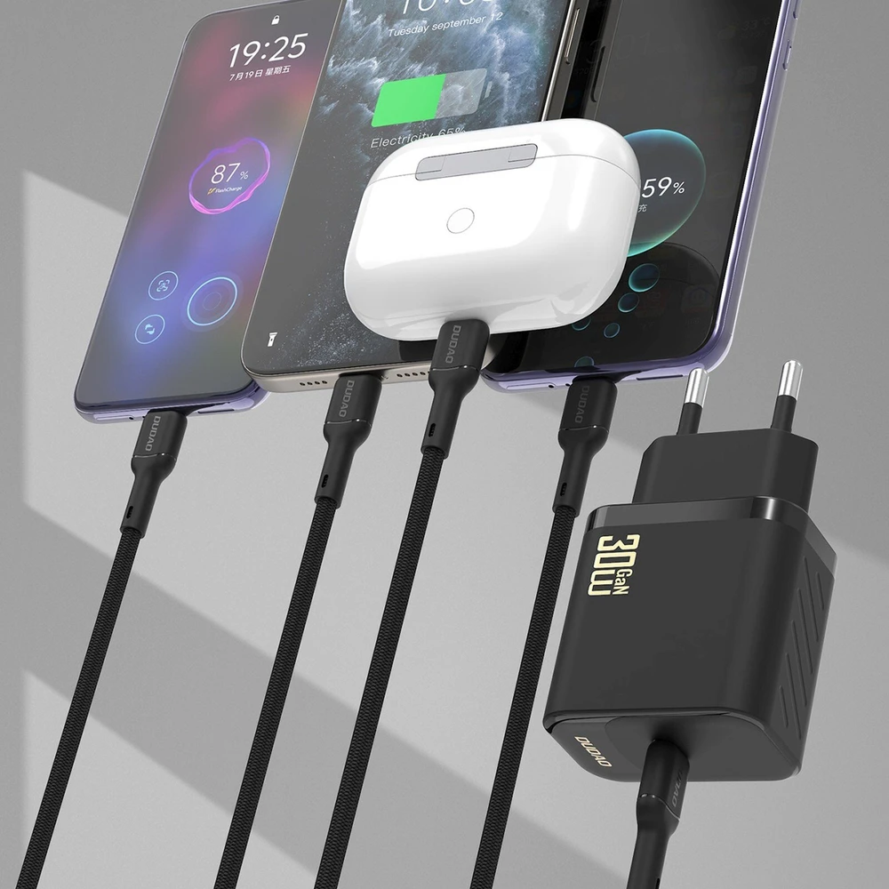 Dudao A27PCEU PD 30W GaN USB-C sieninis įkroviklis su USB-C laidu - Baltas
