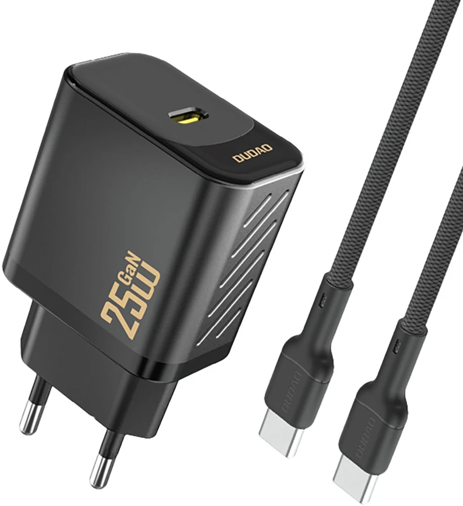 „Dudao A27CEU PD 25W GaN SB-C“ sieninis įkroviklis su USB-C laidu – juodas