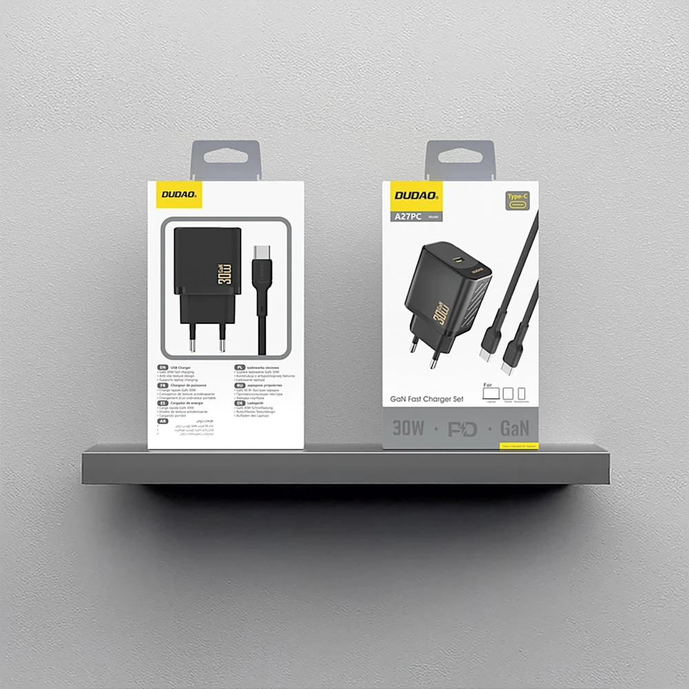 Dudao A27PCEU PD 30W GaN USB-C sieninis įkroviklis su USB-C laidu - Juodas