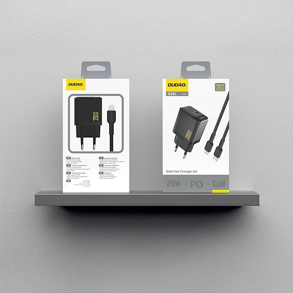 Dudao A26LEU PD 20W GaN USB-C sieninis įkroviklis su USB-C–Lightning laidu - Juodas
