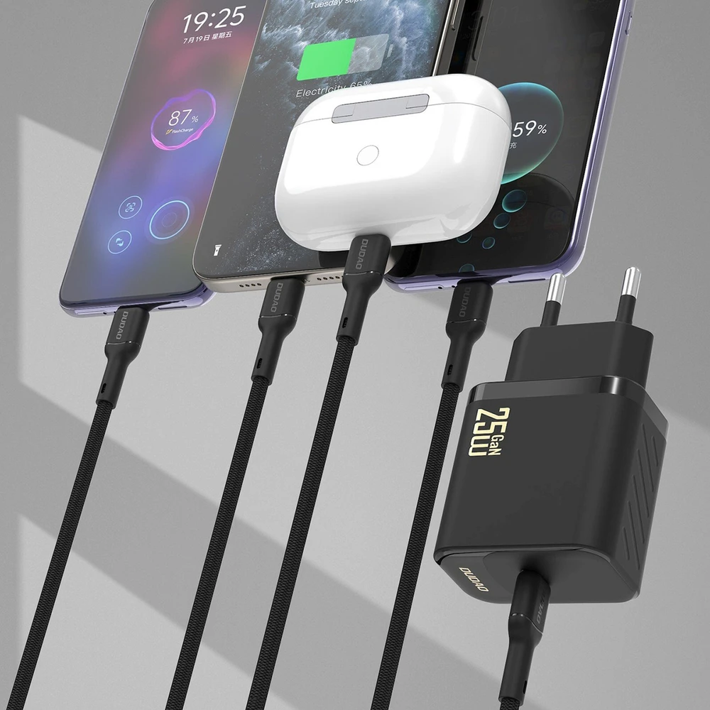„Dudao A27CEU PD 25W GaN SB-C“ sieninis įkroviklis su USB-C laidu – juodas