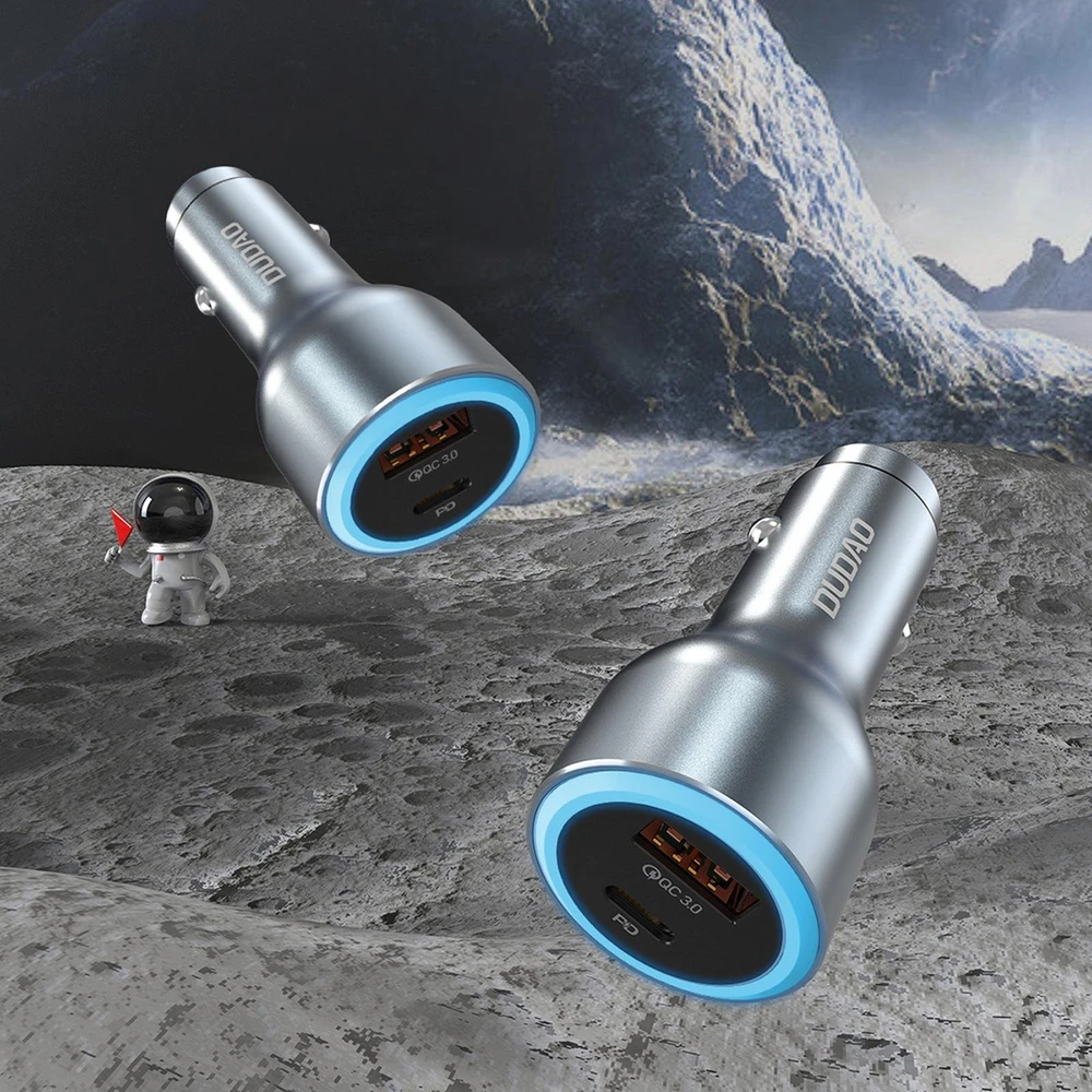 Dudao R4Ultra 120W greito įkrovimo LED automobilinis įkroviklis su maitinimo šaltiniu USB-A USB-C – pilkas