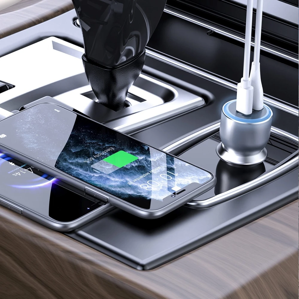 Dudao R4Ultra 120W greito įkrovimo LED automobilinis įkroviklis su maitinimo šaltiniu USB-A USB-C – pilkas