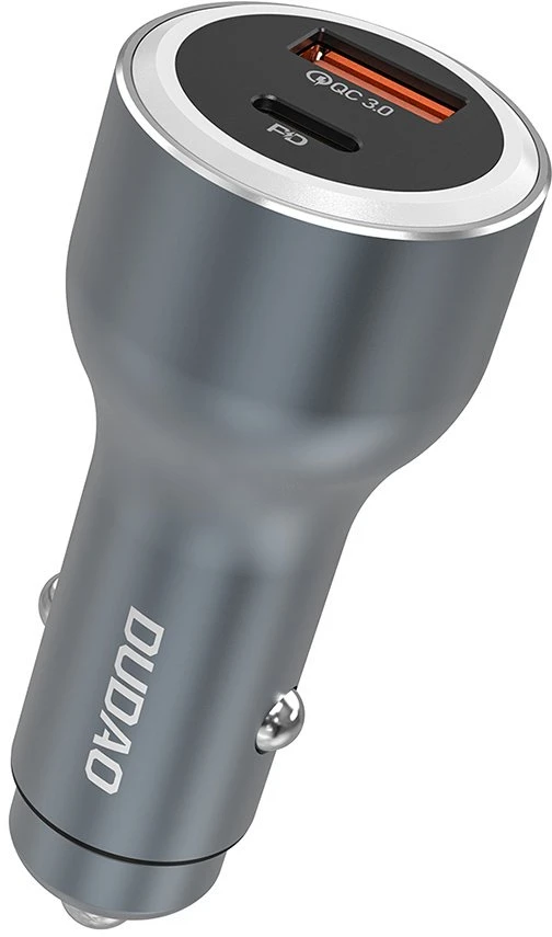 Dudao R4Ultra 120W greito įkrovimo LED automobilinis įkroviklis su maitinimo šaltiniu USB-A USB-C – pilkas