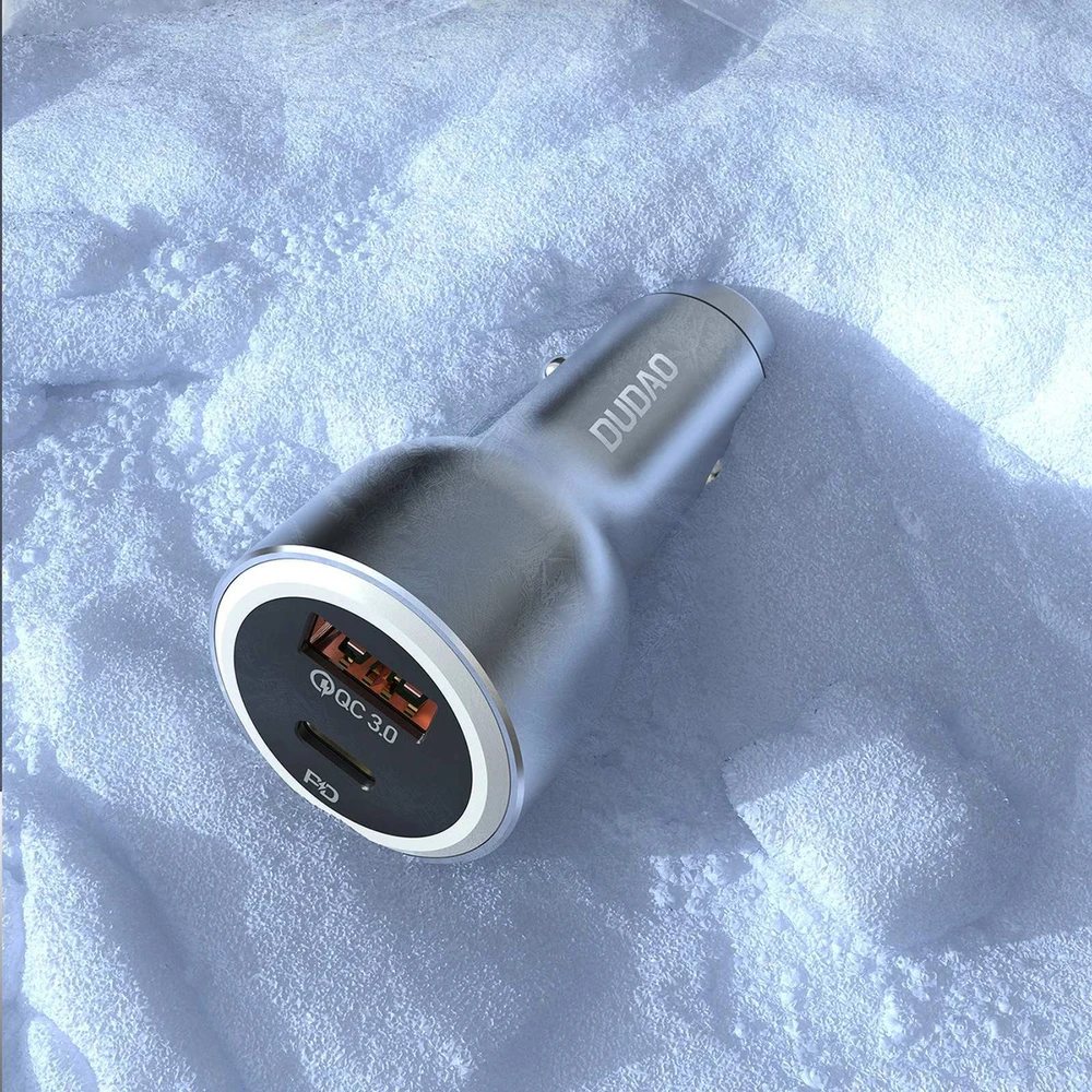 Dudao R4Ultra 120W greito įkrovimo LED automobilinis įkroviklis su maitinimo šaltiniu USB-A USB-C – pilkas