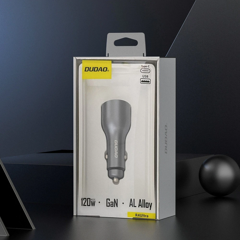 Dudao R4Ultra 120W greito įkrovimo LED automobilinis įkroviklis su maitinimo šaltiniu USB-A USB-C – pilkas