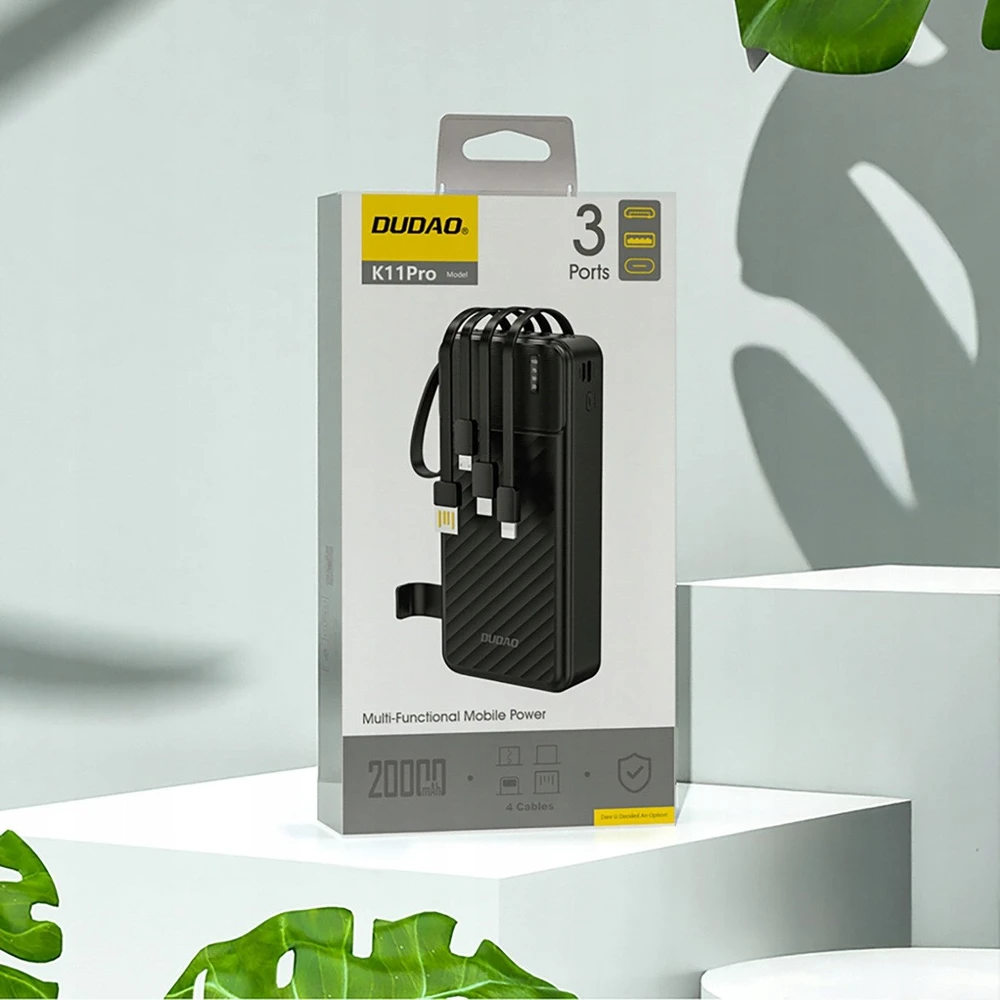 Dudao K11 Pro 20000mAh Powerbank su integruotais kabeliais – juodos spalvos