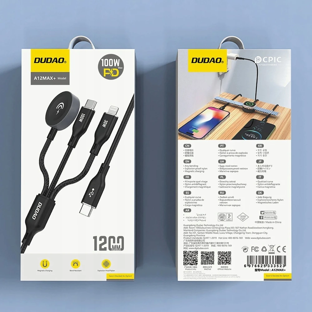 Dudao „Apple Watch A72b8 A12Max+ PD 100W 3in1“ įkroviklio laidas: USB-C „Lightning“ 1,2 m – juodos spalvos