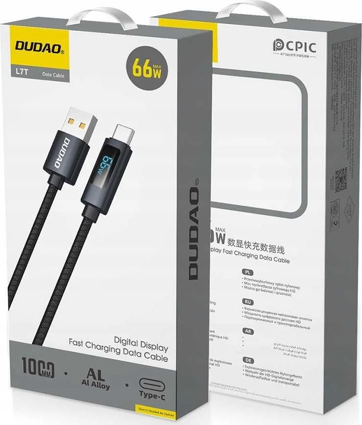 Dudao L7T USB-A – USB-C 66W kabelis with LED Ekranas 1m – juodos spalvos