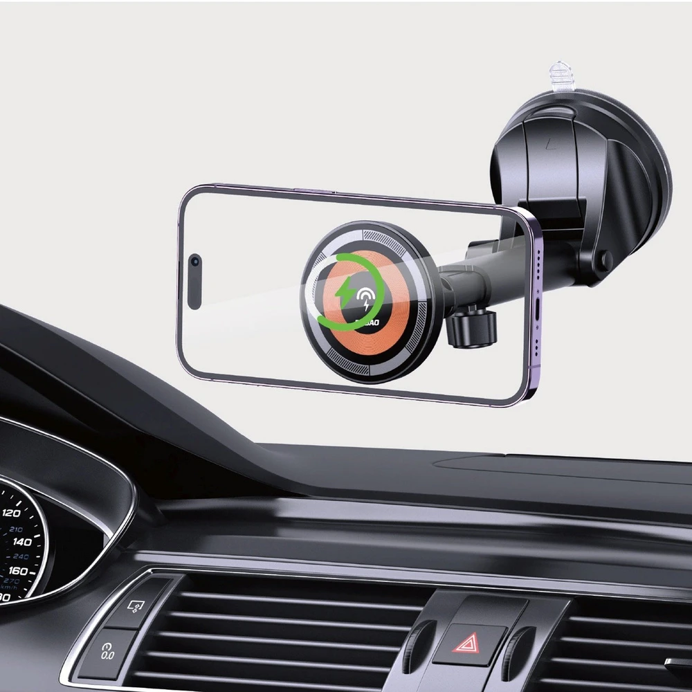 Dudao F12MAX+ automobilio laikiklis su 15 W belaidžiu įkrovikliu, suderinamas su „Magsafe“ – juodas