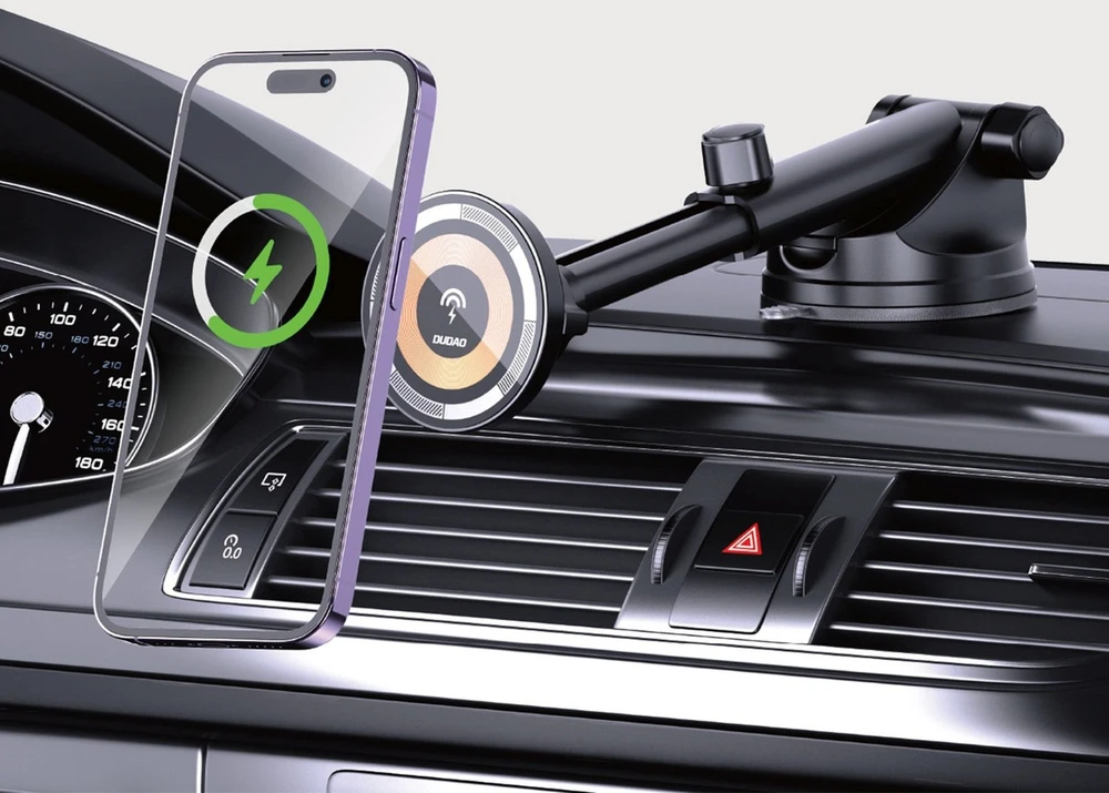 Dudao F12MAX+ automobilio laikiklis su 15 W belaidžiu įkrovikliu, suderinamas su „Magsafe“ – juodas