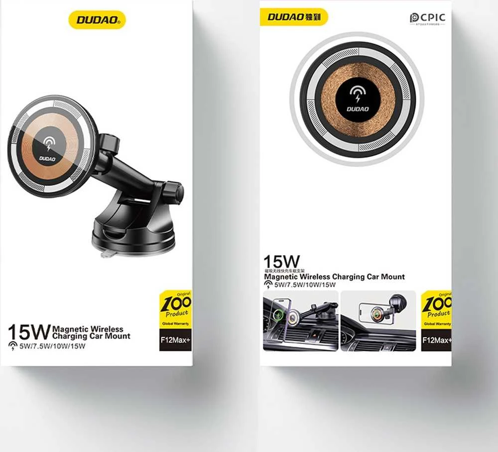 Magnetinis automobilinis laikiklis Dudao F12MAX+ su Qi indukciniu įkrovikliu, 15W (juodas)