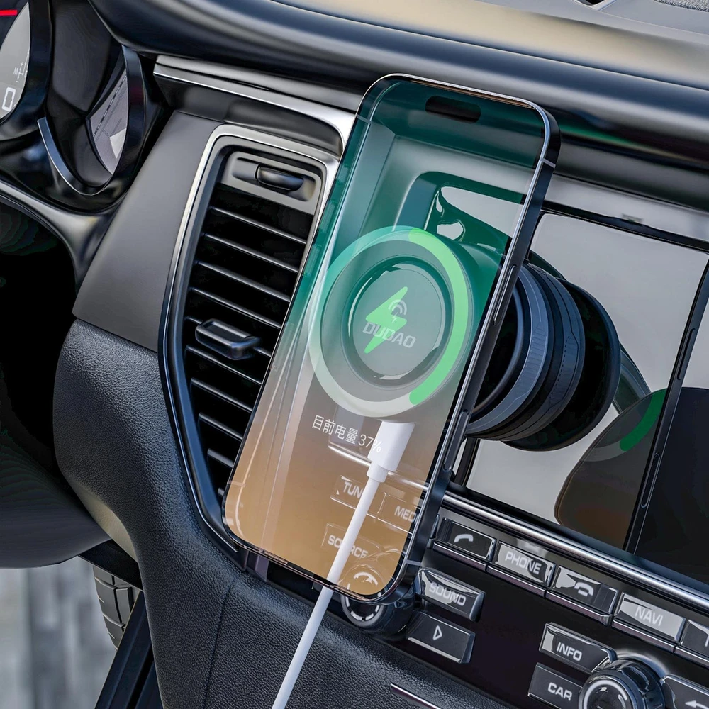 Dudao F24MAX automobilio laikiklis su 15 W belaidžiu įkrovikliu, suderinamas su „MagSafe“, su automatiniu siurbtuku – juodas