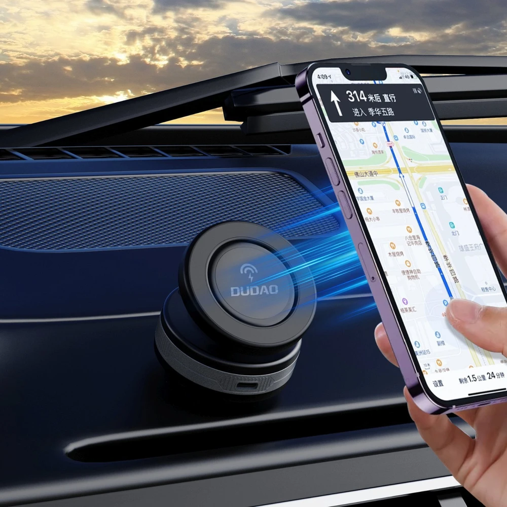 Dudao F24MAX automobilio laikiklis su 15 W belaidžiu įkrovikliu, suderinamas su „MagSafe“, su automatiniu siurbtuku – juodas