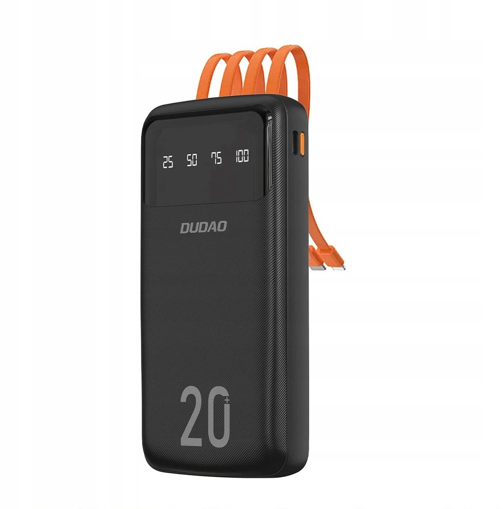 Didelės talpos Dudao nešiojama baterija su 4 integruotais laidais, 20000 mAh, USB C tipo + micro USB + Lightning + USB-A (įvestis) - juodas (Dudao K6Pro+)