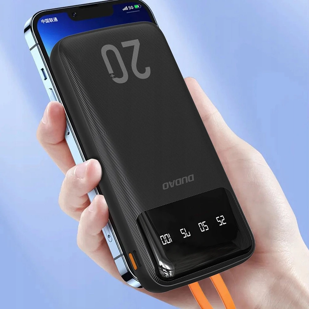 Didelės talpos Dudao nešiojama baterija su 4 integruotais laidais, 20000 mAh, USB C tipo + micro USB + Lightning + USB-A (įvestis) - juodas (Dudao K6Pro+)