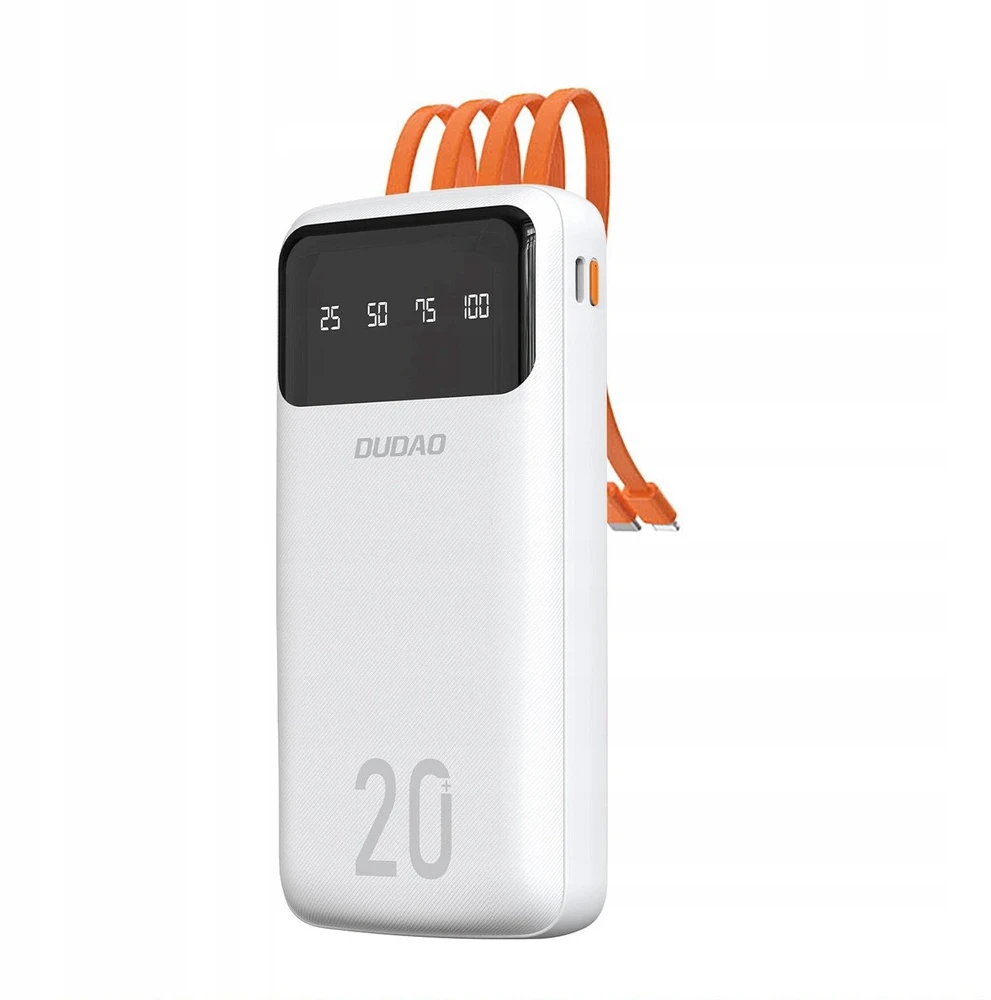 Dudao didelės talpos išorinė baterija su 4 integruotais laidais, 20000mAh, USB C tipo + micro USB + Lightning + USB-A (įvestis) - baltas (Dudao K6Pro+)