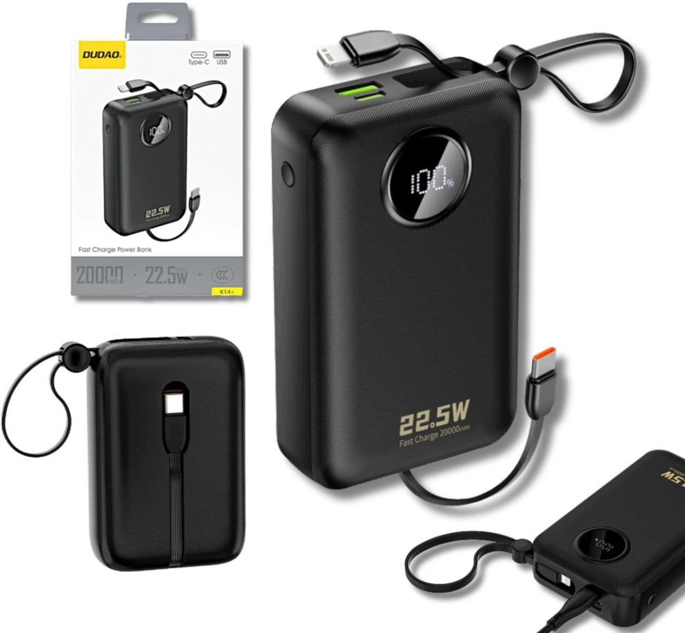 Dudao K14+ išorinė baterija 20000mAh 22.5W USB-C / USB-A / integruoti „Lightning“ ir USB-C laidai – juoda