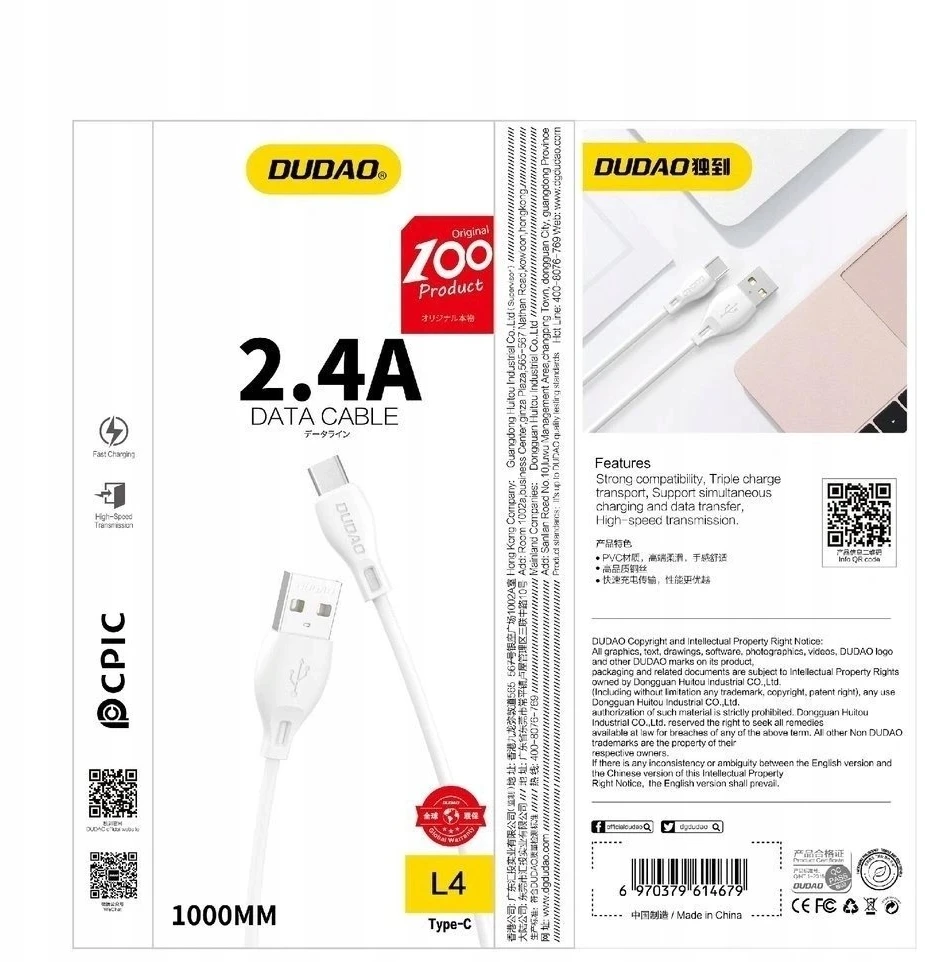 Dudao USB / Lightning kabelis 2.4A 1m baltas (L4L 1m baltas)