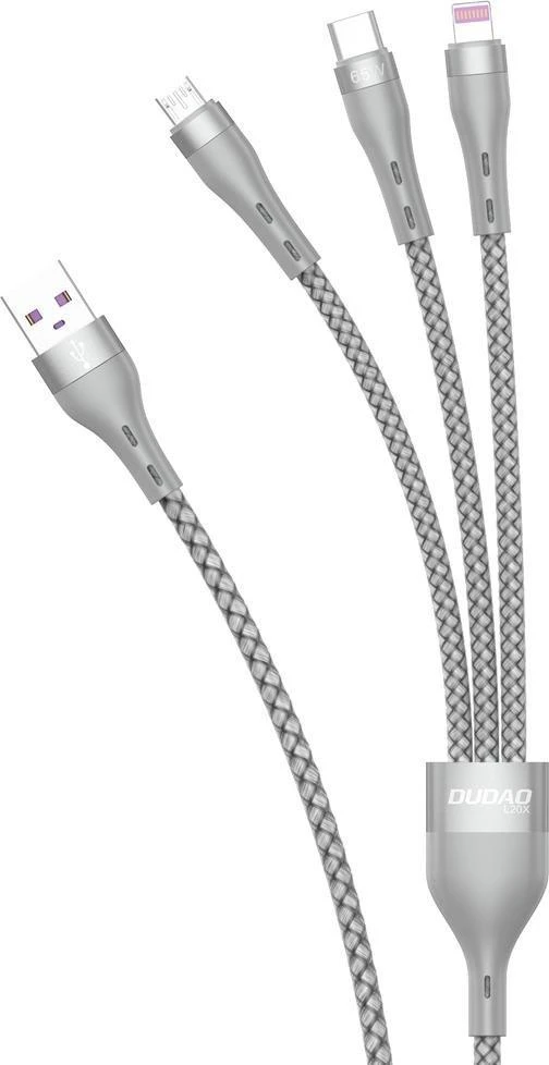 „Dudao 3in1“ USB laidas – „Lightning“ / „microUSB“ / USB Type C 65 W, 1,2 m pilka (L20X)